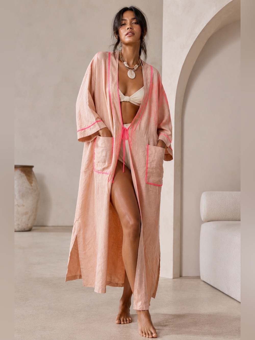 Free People Intimately Peach Cotton Kimono Robe Neon Trim Cover Up M/L NWT